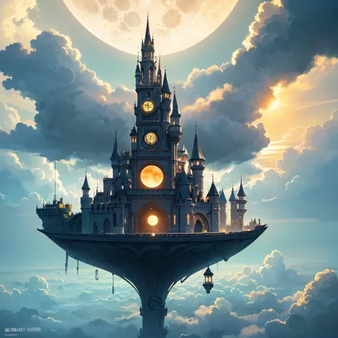 (white background,Leave blank all around,Howls Moving Castle:1.35),(Intricate steampunk castle in the sky,the castle castle suspended in the air, Aerial view, Concept art, sky,cloud,fullmoon,giant sun,Day and night alternate,with the sun and moon in the sa...