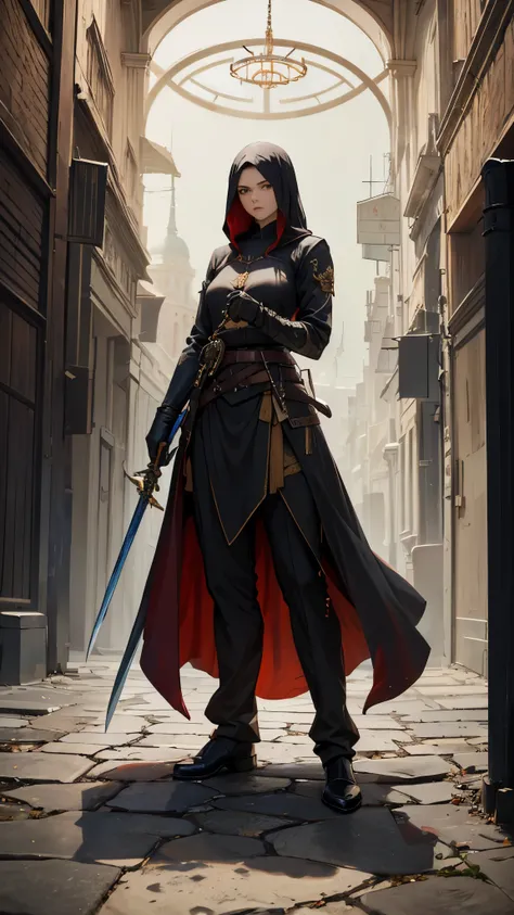 (masterpiece, 4K ,Super detailed:1.2), (anime:1), (Perfect quality), (((Adult body))), ((Combat Ready)), The whole body is shown, JRG Character, Medieval Fantasy, Female Swordsman, Looking at the viewer, Aggressive Posture, rpg, Glare, Hostilities, Holding...