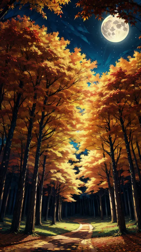 Anime-style, full moon, forest with trees displaying golden autumn leaves.