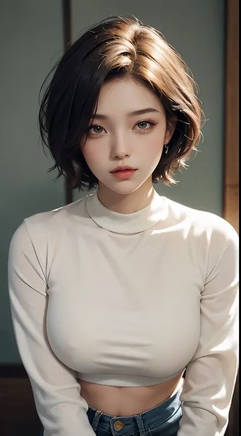 Amazing portrait of a sexy woman with her short hair in a bob style with her soft gentle eyes gazing at us seductively with her perfect lips parted wearing a tight white full sleeved crop top showcasing her medium chest and denim shorts showing her voluptu...