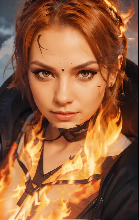 (extremely detailed CG unity 8k wallpaper), (best quality), (ultra-detailed), (best illustration),(best shadow), (sharp eyeliner, eyeshadow, detailed eyes:1.1), (flames, smoke:1.3), ,BREAK, (vector:1.2), evil smile,  