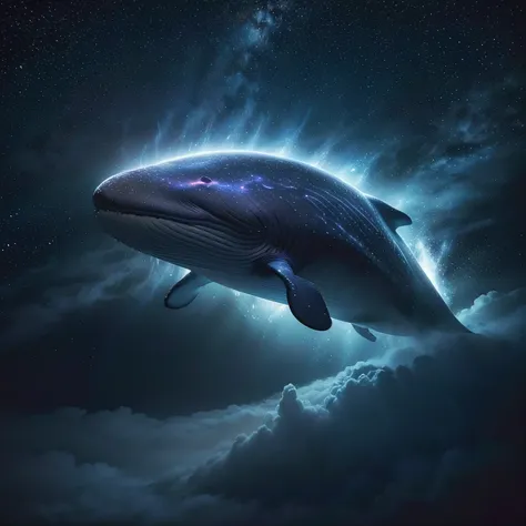 a giant whale swimming in space, creature with stardust, swimming through the galaxy, (best quality,4k,8k,highres,masterpiece:1.2),ultra-detailed,(realistic,photorealistic,photo-realistic:1.37),intricate details, cinematic lighting, vibrant colors, dramati...