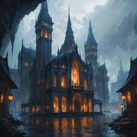 score_9, score_8_up, score_7_up, a fantasy city built within a vast cave, sleek glass buildings, icarus fly in the midle, elegant walkways between towers, illustration, raining, dark and moody lighting, digital art, oil painting, fantasy, 8 k, trending on ...