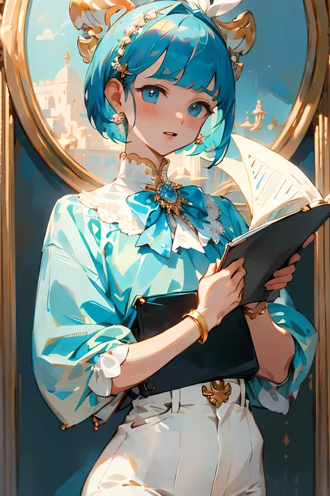 ((best quality)), ((masterpiece)), (detailed), Female, pearly eyes, short hair, cyan hair, fair skin, wearing light white blouse, wearing black pants, Golden accesories all over outfit, holding research papers, wearing a singular pearly bow on her chest, r...