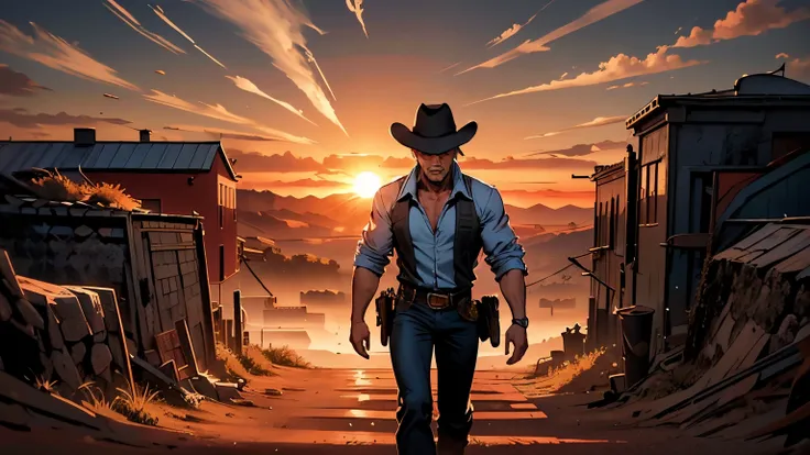 A strong, gray-haired cowboy, cowboy hat, country-style, setting in a wild, open-air landscape of the Wild West, sun setting on the horizon bringing a red hue to the sky, comic book style, drawings by Frank Miller