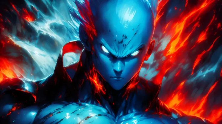 Hot avatar, masterpiece, extremely accurate rendering, Saitama the cold creature, the destroyer of worlds, simple design, best visuals, 8K, light blue eyes. drawn in one piece style.