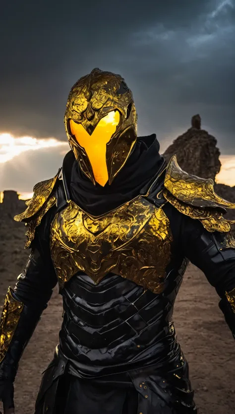 A cinematic portrayal of the *Eclipse Warden*, a faceless, dark entity cloaked in liquid black armor that absorbs the light around it. Its mask, made of obsidian, is featureless except for a crack down the center, leaking molten gold light that casts an ee...