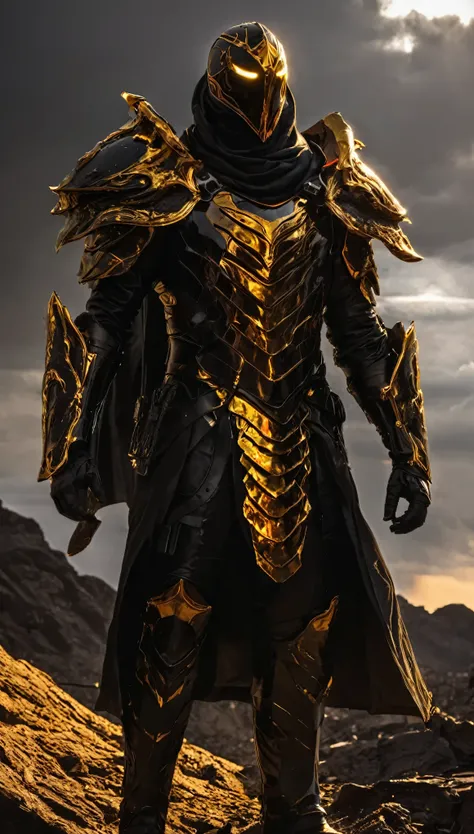 A cinematic portrayal of the *Eclipse Warden*, a faceless, dark entity cloaked in liquid black armor that absorbs the light around it. Its mask, made of obsidian, is featureless except for a crack down the center, leaking molten gold light that casts an ee...