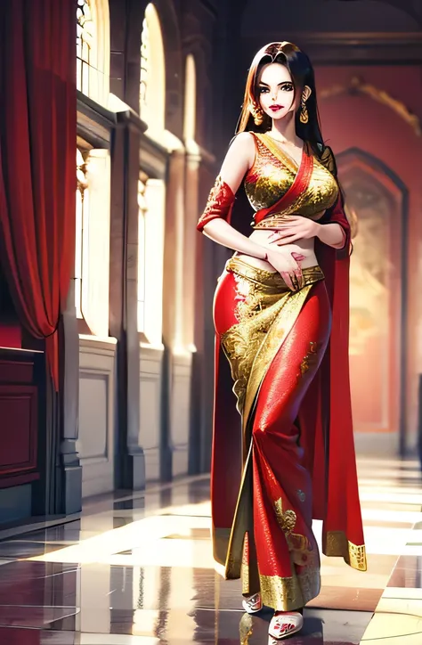 A woman with long hair,large breasts, and and red lipstick wearing a red saree with beautiful golden flower patterns on it. Standing in a well decorated room. 