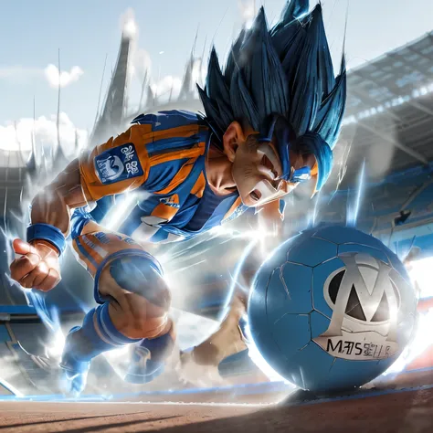 Blue Saiyan Goku at the Velodrome stadium with the OM jersey scoring a goal 