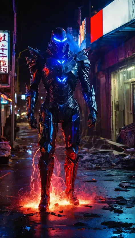 A striking depiction of the *Spectral Tyrant*, an alien figure shrouded in liquid steel armor that gleams under the neon lights of a destroyed city. The full mask, smooth and featureless, reflects the flashing lights of broken signs and shattered glass, gi...