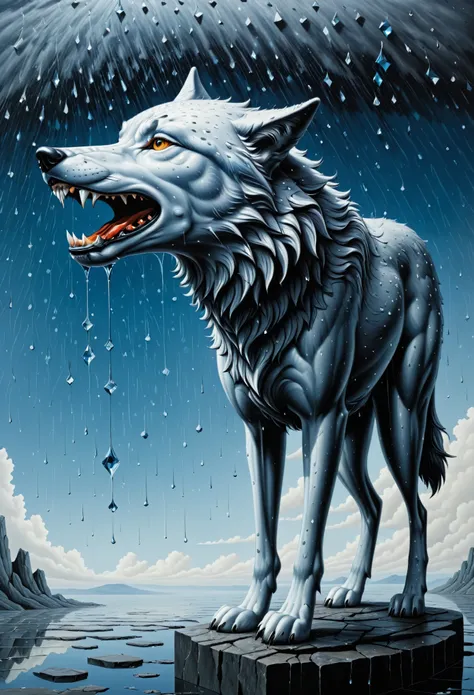 side view of a wolf made of crystal, its raining - surrealist style, surrealist artwrok, dream like, Dali style, Rene Magritte style, highly detailed, masterpiece, painting-like, HD