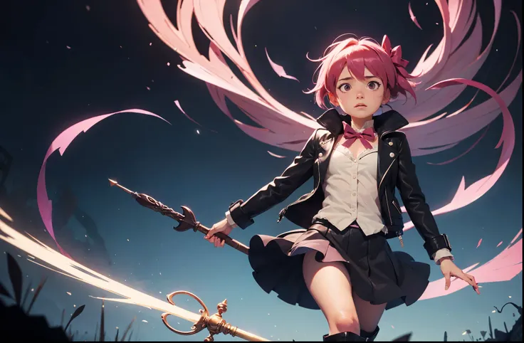 best quality,masterpiece, Madoka Kaname from Puella Magi Madoka Magica wears a black leather jacket and combat boots, black skirt, magical girl, holds a magic wand, and has a cold expression on her face,