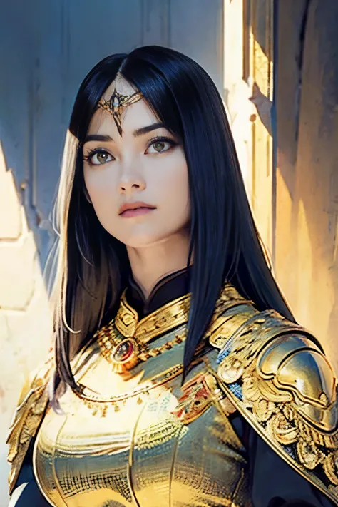 a tall, broad-shouldered woman with a powerful face, beautiful features, bronze skin, and long, flowing black hair, wearing ornate gold armor and jewelry, 8k, ultra-detailed, hyper-realistic, cinematic lighting, dramatic composition, volumetric lighting, h...