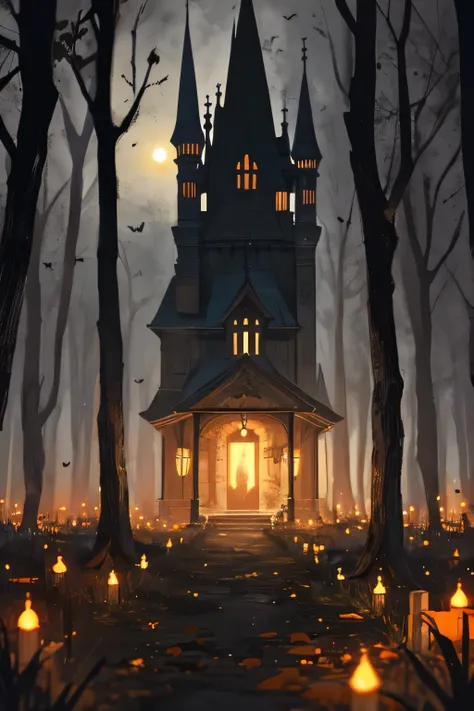 Scary haunted house in a dead forest, mysterious lights, Halloween, cemetery, fireflies, smoke, Background a haunted house with a sinister and scary atmosphere in the moonlight background, scary, haunted Flat image, hyper realistic, cinematographic