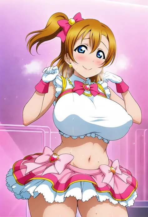 (Masterpiece, Best Quality, High Quality),anime style, love live,kousaka honoka , kousaka honoka,id_honoka_kosaka,love live,blue eyes, brown hair ,gloves ,harness ,thick thighs , huge breasts, breathing,  sweating,sweaty, magical girl , midriff, standing ,...