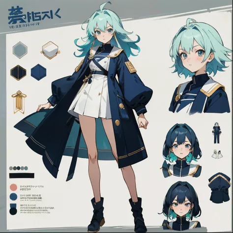 anime - style image of a character with a variety of hair and accessories, anime set style, anime character reference sheet, fantasy uniform, flat anime style, anime full body illustration, full_body!!, complete detailed body, extra detailed body, anime vt...