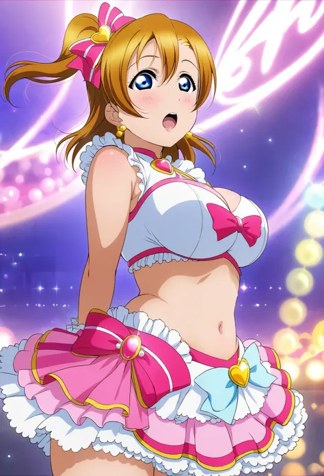 (Masterpiece, Best Quality, High Quality),anime style, love live,kousaka honoka , kousaka honoka,id_honoka_kosaka,love live,blue eyes, brown hair ,gloves ,harness ,thick thighs , big breasts, magical girl , midriff, standing , cowboy shot , arms behind bac...