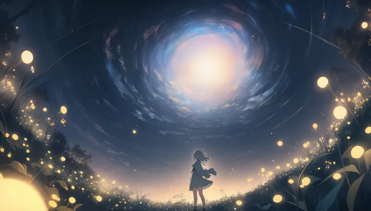 ((style:Color pencil,pale color)),(animated)、(Masterpiece:1.2),atmospheric perspective,lens flare a girl, Wide viewing angles, firefly garden, There are many small dim lights and fireflies flying around.