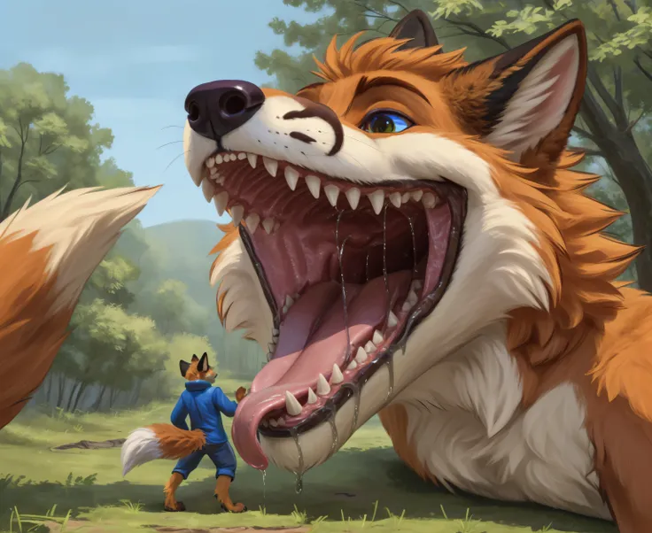 uploaded on e621, solo, anthro, nsfw, explicit, explict, fox, detailed fur, very fluffy, impasto impressionism, soft , anatomically correct, vibrant colors, full color, (highly detailed:1.2), (first person view), forest, open mouth, fangs, (((excessive sal...