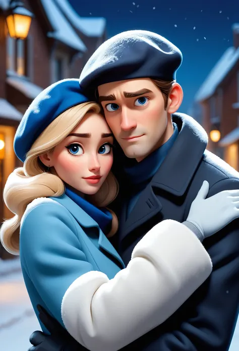 (disney pixar style:1.2) (cute and adorable girl:1.1) (adult aged 20:1.15), a couple, dressed in a blue coat and beret, are embr...