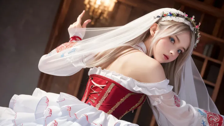 ((Highly detailed CG Unity 8K wallpaper)), masterpiece super detailed, floating, High resolution, Sexually suggestive(small, Extremely long white hair, Princess, White Mage, blue eyes, (It has long, wide sleeves and intricate embroidery.、A gorgeous layered...