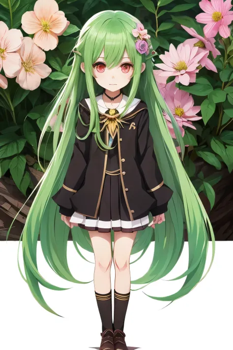 Girl　Deformation　Shion Flower　Looking over your shoulder　Chibi Character　Anime style characters　Green Hair　Wizard　High quality anime art style　Confused eyes　Leaf　From ChronoArk　Long Hair　Girl and flowers