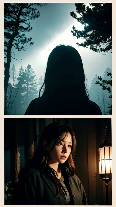 "Create an 8k horror movie poster showing three female main characters trapped in a decrepit forest cabin, surrounded by dark, twisted trees. The women stand back to back in the center of the poster, their expressions filled with fear and determination. On...