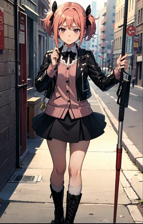 best quality,masterpiece, Madoka Kaname from Puella Magi Madoka Magica wears a black leather jacket and combat boots, black skirt, magical girl, holds a magic wand, and has a cold expression on her face,