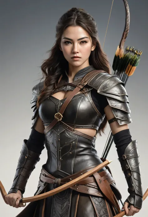 A highly detailed, photorealistic portrait of a female warrior, full-body view, holding a bow and arrow, realistic, intricate details, realistic hands, leather clothing, one hand holding the bow, the other hand ready to draw the arrow and release it