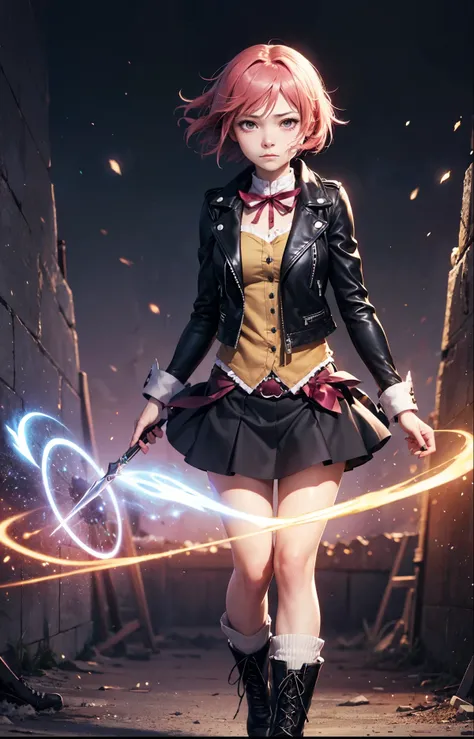 best quality,masterpiece, Madoka Kaname from Puella Magi Madoka Magica wears a black leather jacket and combat boots, black skirt, magical girl, holds a magic wand, and has a cold expression on her face,