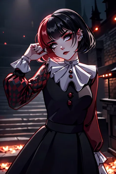 A beautiful, detailed vampire girl with striking two-tone hair, dramatic makeup, and piercing gaze, standing amongst the moody, atmospheric scenery of the World of Darkness, masterfully rendered in high-resolution, 8K quality, with ultra-realistic, photore...