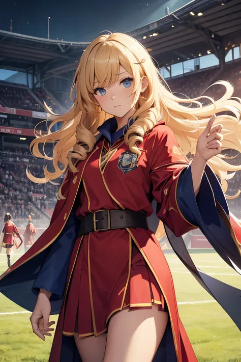 sport, sport attire, Quidditch, wizard robe, wearing red sorcerers robes, fantasy robe, wearing wizard robes, wizard cloak, wearing hogwarts!!! robes!!!, tech robes, flowing magical robe, red robes, gryffindor, red robe, (sport robe), (sport uniform), girl...