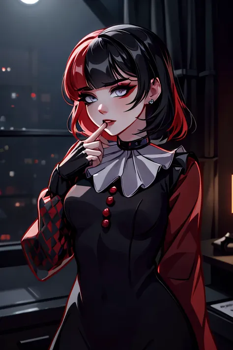 A beautiful, detailed vampire girl with striking two-tone hair, dramatic makeup, and piercing gaze, standing amongst the moody, atmospheric scenery of the World of Darkness, masterfully rendered in high-resolution, 8K quality, with ultra-realistic, photore...