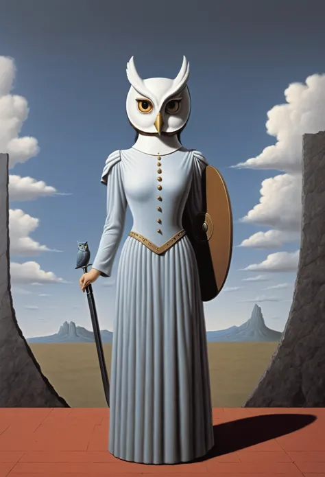 greek goddess athena with sword and shield, owl, side view - surrealist style, surrealist artwrok, dream like, Dali style, Rene Magritte style, highly detailed, masterpiece, painting-like, HD