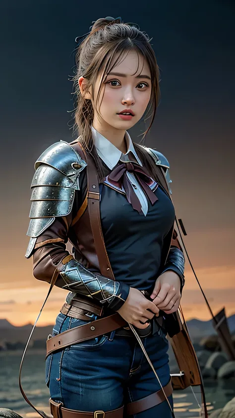 8k,A female adventurer from another world,so beautiful(Like the real thing),((Girl in leather armor:1.4))、Brown Hair,blue eyes,((Woman shooting a bow:1.5))、((A woman with her hair tied in a ponytail is firing a stone crossbow:1.4))、A woman wearing brown co...