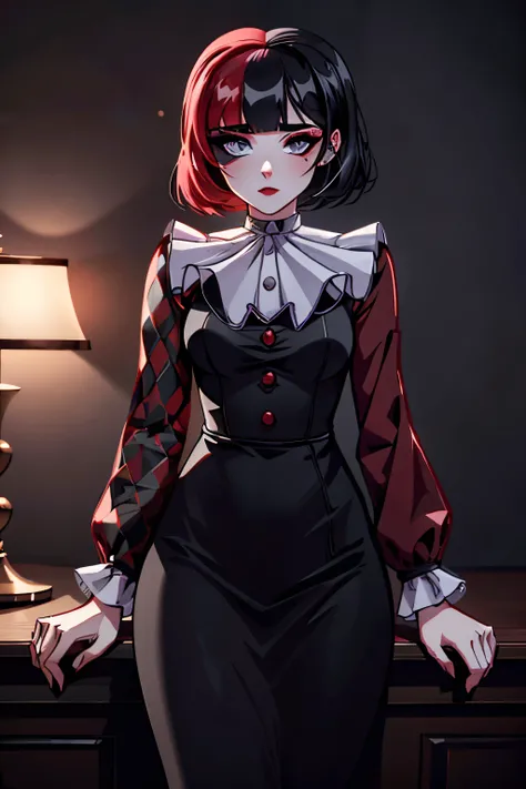 A beautiful, detailed vampire girl with striking two-tone hair, dramatic makeup, and piercing gaze, standing amongst the moody, atmospheric scenery of the World of Darkness, masterfully rendered in high-resolution, 8K quality, with ultra-realistic, photore...