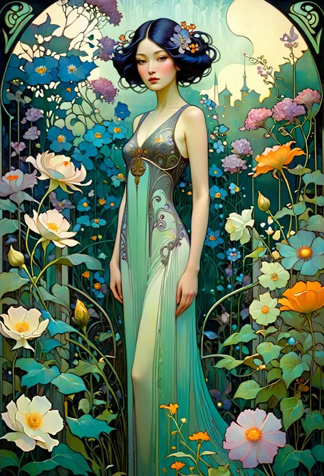 painting of a woman, standing in a garden with flowers, stunning young unearthly figure, daniel merriam :.1, art nouveau paintin...