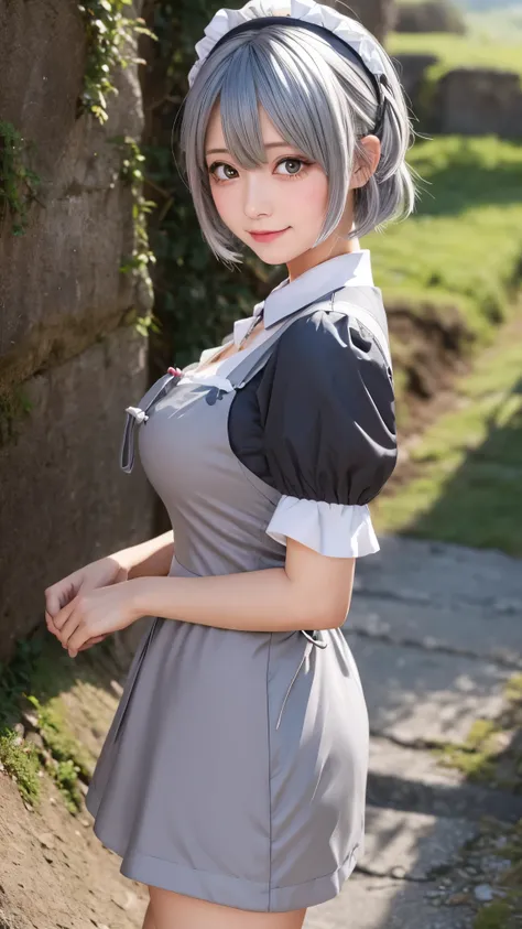 anime　Maid　Gray Hair　cute　The shortcut valley is visible　Blushing