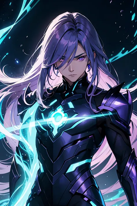 A highly detailed anime-style male character. He has luminous, glowing eyes with intense vibrant colors, similar to shades of purple. His hair is long and flowing, with dark tones such as deep blue or black, with highlighted strands that catch the light. H...