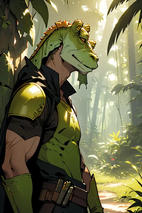 (forest, mist, tropical, dense vegetation), (1boy, solo, creature, monster, reptile, lizzard like, anthro, gungan, scars, strong...