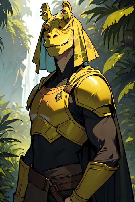 (forest, mist, tropical, dense vegetation), (1boy, solo, creature, monster, reptile, lizzard like, anthro, gungan, scars, strong, mandalorian), (yellow armor, black cape), (portrait), front view, looking at viewer