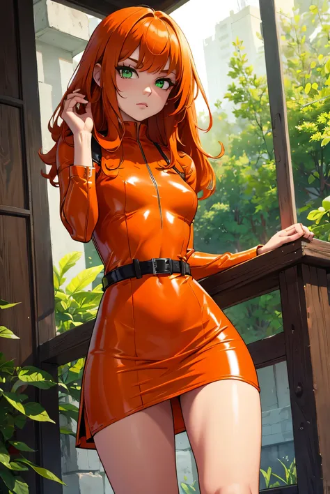 Long hair, Small breasts, fringe, orange hair, green eyes, Looking at the viewer, 1 woman, Alone, latex cut dress