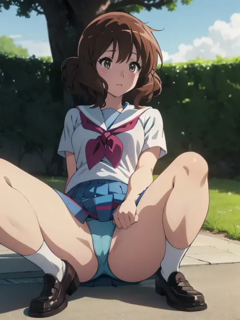 (Realistic, photo Realistic:1.2), ((Best Quality)), Shift the center of gravity backwards, Quite embarrassing, you_Kumiko_Euphonium Sound, brown_hair, short_hair, brown_eye, , Seraphim, 前hair, Bloomers, Gym clothes, Sports boots, (Sit on the ground:1.4), P...