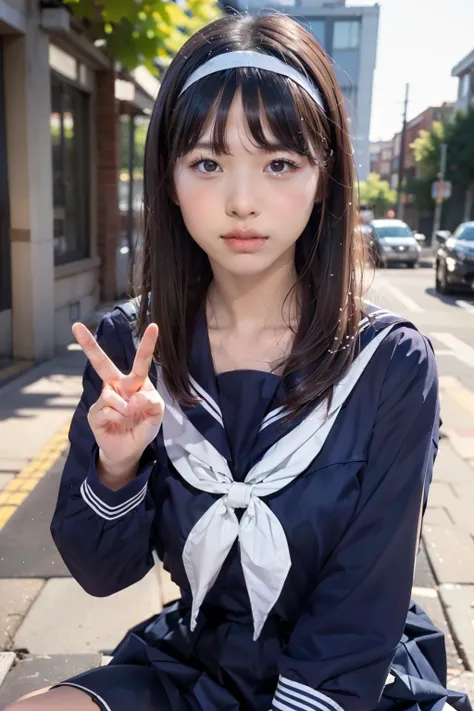 sailor suit, 8k, highest quality, masterpiece, Super detailed, ultra high resolution, realistic, RAW photo, absolute resolution, face is small compared to body, very small face, black hair,  long hair, navy blue sailor uniform, Dark blue skirt, 3D renderin...
