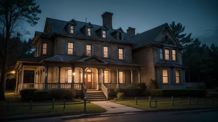 Front of an old and abandoned mansion , night time, terror, ghosts, Resident Evil style suspense. Rocking chair on the mansion porch. Cemetery next to the abandoned mansion.