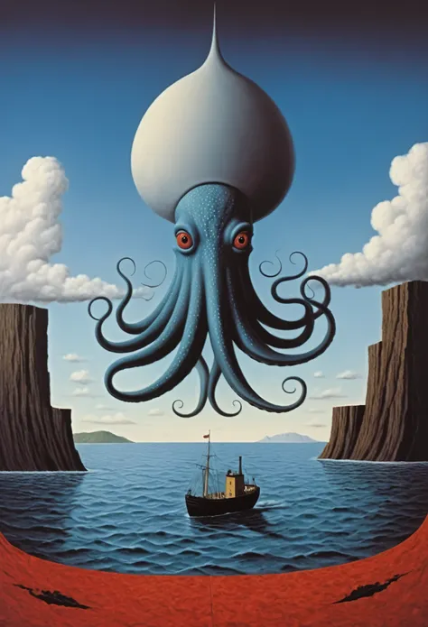 an giant octopus caughts a ship in the sea that is lava  - surrealist style, surrealist artwrok, dream like, dali style, rene ma...