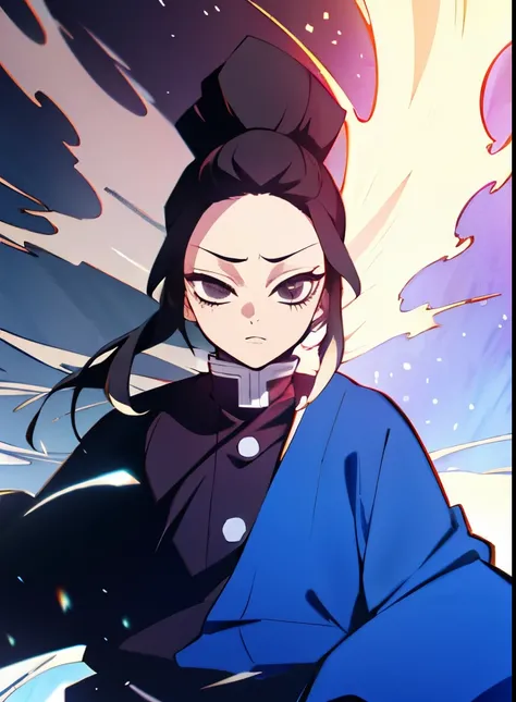 , long straight black hair, black eyes. estilo kimetsu no yaiba 