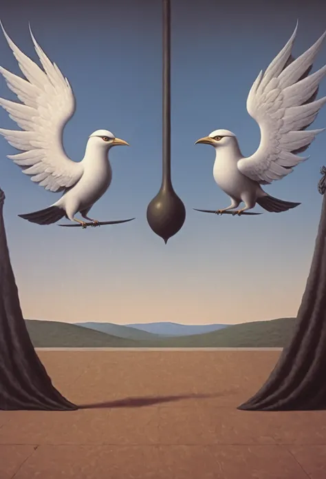 harpies vs valkyries - surrealist style, surrealist artwrok, dream like, Dali style, Rene Magritte style, highly detailed, masterpiece, painting-like, HD