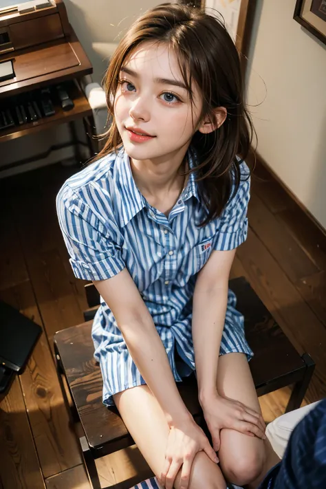 Best Quality, masterpiece ultra high resolution 8k,((Portrait of a person sitting with legs together:1.4)), (Realistic:1.6), ((blue eyes)),((A radiant smile)), RAW Photos,((Realisticな美肌)),((UNIQLO,Striped collared shirt:1.4)),((Soft looking breasts)),((Upp...